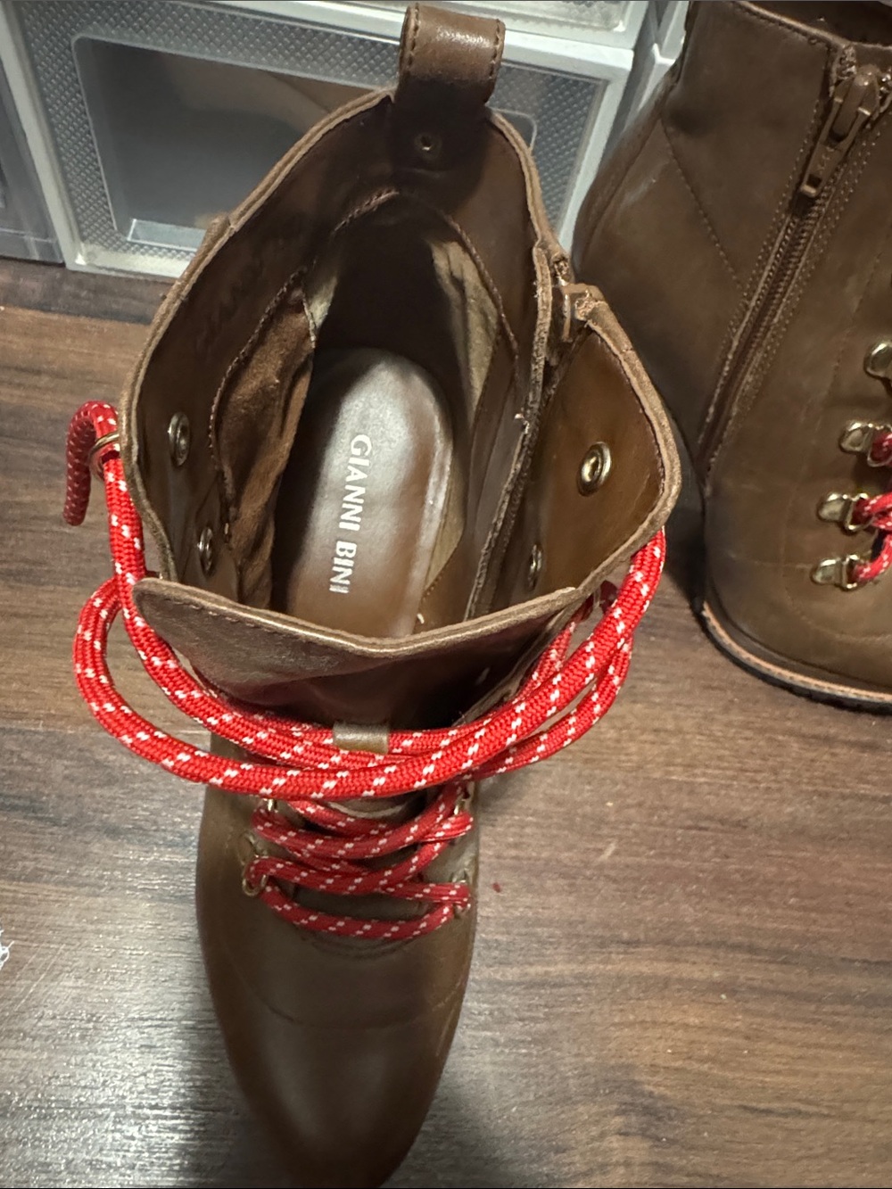 Gianni Bini Brown Leather Ankle Boot with Red Rope Laces